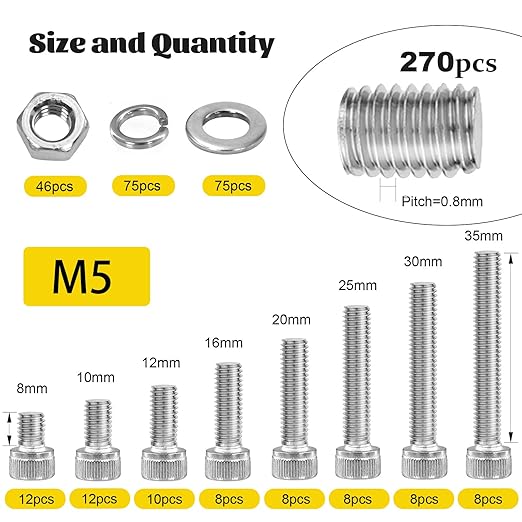 270pcs M5 Screws with Nuts Assortment kit, M5x8/10/12/16/20/25/30/35 mm 304 Stainless Steel Hex Socket Head Cap Screw Bolts Nuts Flat & Lock Washer Set
