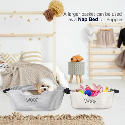 2 Pack Dog Toy Baskets,Pet Rope Basket for Dog Cat Toys,Dog Toy Bin with Handles,Woof Puppy Toy Storage Basket,Puppy Bed,Dog Stuff Organizer for Toys,Collar,Leash,Nursing Supplies-Beige+Gray