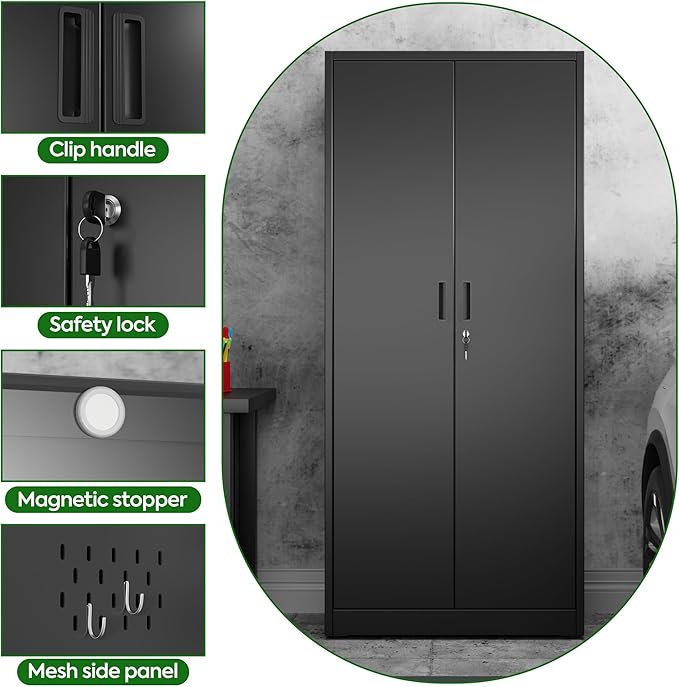 Metal Broom Closet Storage Cabinet, Garage Storage Cabinet with 5 Pegboard, Hanging Rod &13 Hooks for Garage Home,Black,Required Assembly,71.5" H x 31.5" W x 15.75" D