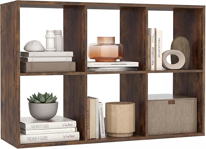 Giantex 6-Cube Bookcase, Cubby Bookshelf w/Back Guardrail & Anti-Tipping Kits, 9-Tier Freestanding Storage Organizer with Shelves, Open Back Display Rack for Living Room, Bedroom, Study, Rustic Brown
