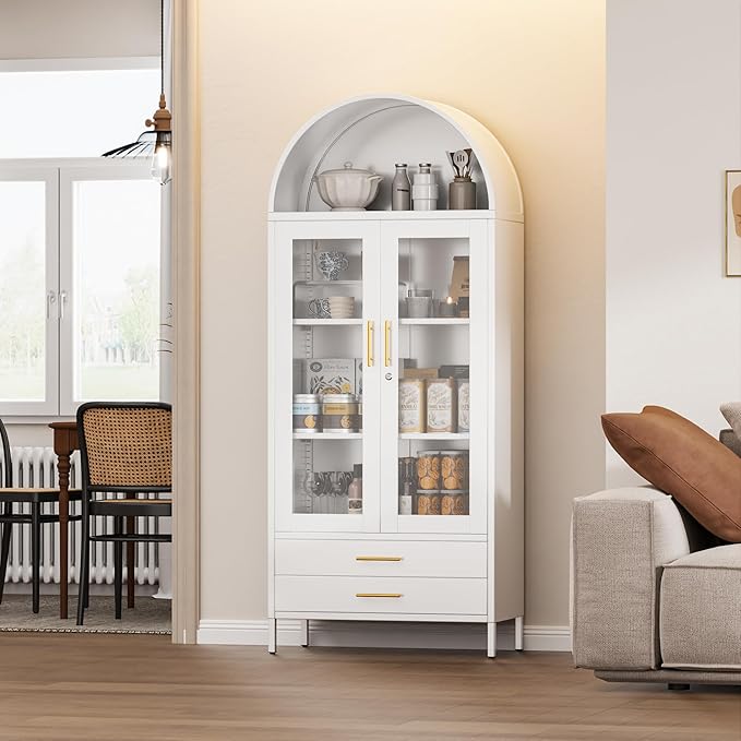 73'' Tall Metal Arched Display Cabinet with Glass Doors, Freestanding Arch Kitchen Pantry Cabinet with 2 Drawers for Home Office Bookcase(White)
