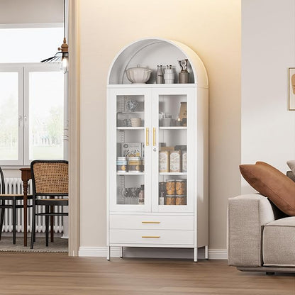 73'' Tall Metal Arched Display Cabinet with Glass Doors, Freestanding Arch Kitchen Pantry Cabinet with 2 Drawers for Home Office Bookcase(White)