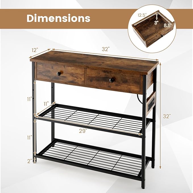 GOFLAME Console Table with Power Outlet, Narrow Entry Table with Drawers, 2 AC Outlets & 2 USB Ports, Sofa Table for Living Room Behind Couch, Living Room, Foyer, Brown