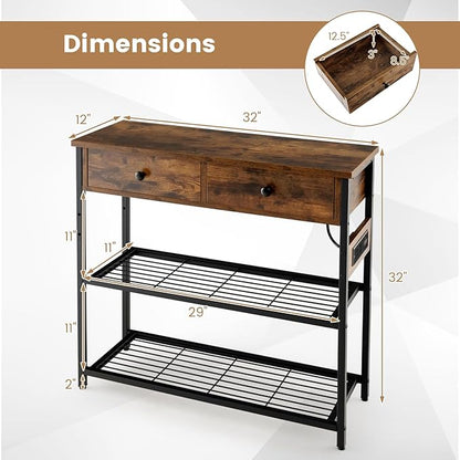 GOFLAME Console Table with Power Outlet, Narrow Entry Table with Drawers, 2 AC Outlets & 2 USB Ports, Sofa Table for Living Room Behind Couch, Living Room, Foyer, Brown