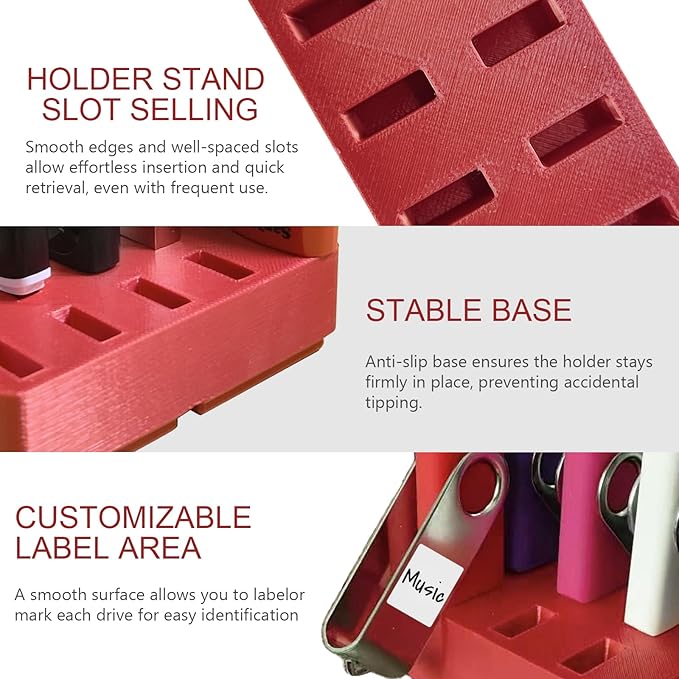 JBOS 10-Slot USB Flash Drive Holder Stand, Desktop Organizer Rack for Memory Sticks, Jump Drives & Electronic Accessories, Office Desk Storage, Red