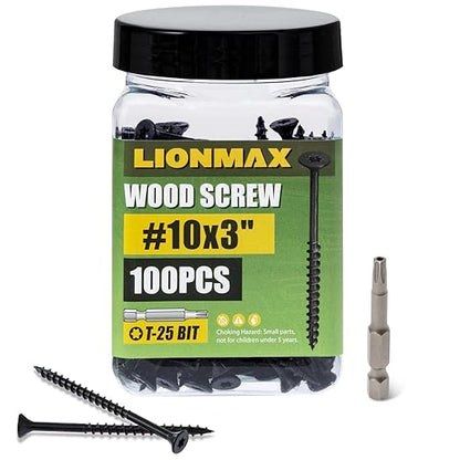 LIONMAX Deck Screws 3 Inch, Wood Screws #10 x 3, 100 PCS, Rust Resistant, Exterior Epoxy Coated, Outdoor Decking Screws, Torx/Star Drive Head Screw, T25 Star Bit Included, Black