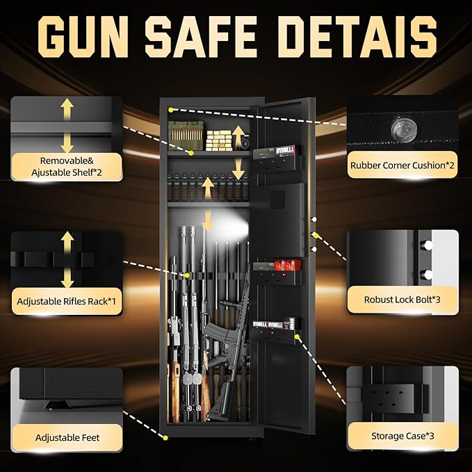 5-8 Gun Safe for Rifles and Pistols, Gun Cabinets for Rifles and Shotguns with Digital Keypad & LED Light, Rifle Safe for Home with Removable Shelves and Alarm System, Easy Assembly Gun Locker