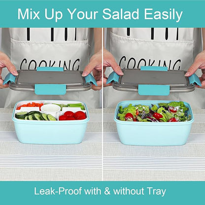 Caperci Large Salad Container Bowl for Lunch - Better Adult Bento Lunch Box 68 oz, 5-Compartment Tray, 2pcs 3-oz Sauce Cups, Stackable, BPA-Free (Aqua Sky)