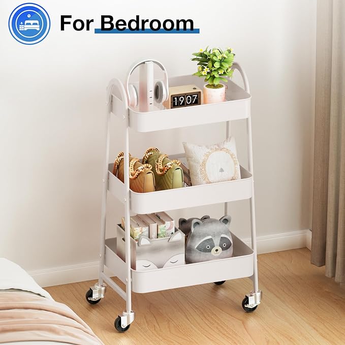 OLIXIS 3 Tier Utility Rolling Cart, Metal Mobile Storage Shelf with Lockable Caster Wheels, Organization for Livingroom, Bathroom & Narrow Places, White