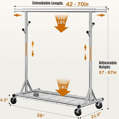 Heavy Duty Clothes Rack Load 530 lbs, Metal Rolling Clothing Rack With Sturdy Wheel And Shelves, Adjustable Portable Hanging Garment Rack For Clothes,Chrome Stainless Steel