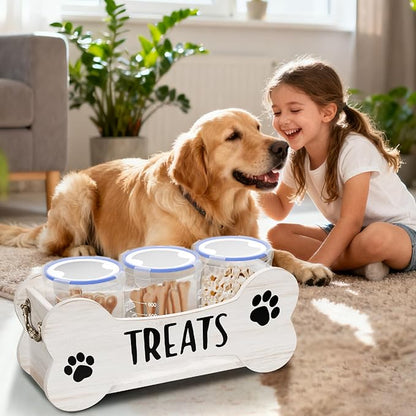 WGFKVAS Dog Treat Storage Containers, 3 Jar Pet food container, White Wooden Pet Food Dispenser for Dogs & Puppies, Perfect Food Storage Solution and Gift for Dog Owners