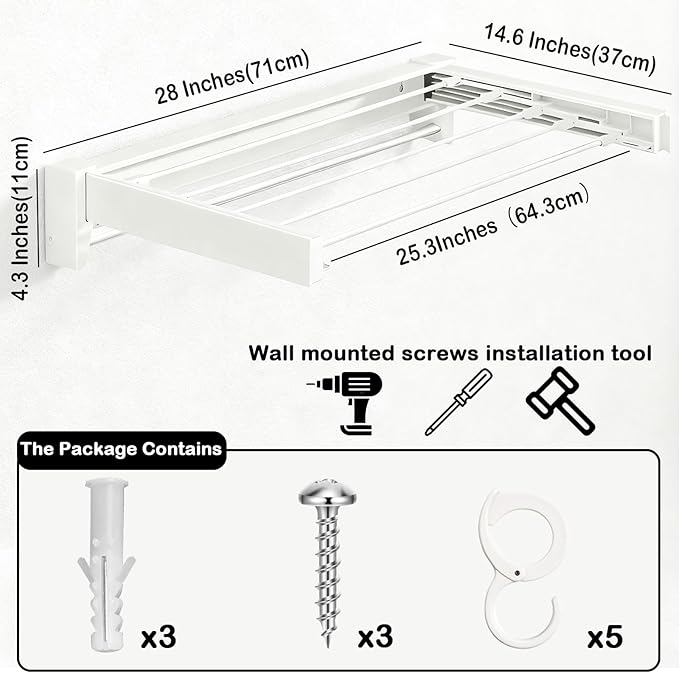 Wall Mounted Clothes Drying Rack 27 inches,Foldbale Laundry Drying Rack 6 Rods,Hidden Drying Rack Clothing,Retractable,Collapsible,Screws Needed Folding Laundry Rack (White, Medium)