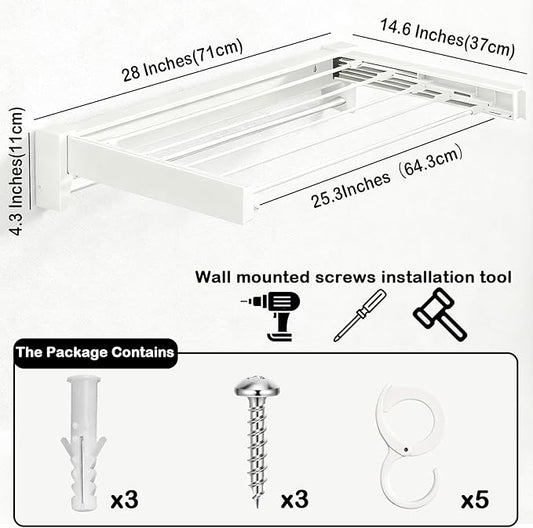 Wall Mounted Clothes Drying Rack 27 inches,Foldbale Laundry Drying Rack 6 Rods,Hidden Drying Rack Clothing,Retractable,Collapsible,Screws Needed Folding Laundry Rack (White, Medium)