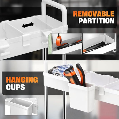 Auto Dynasty 4 Tier Slim Rolling Cart with Handle, Multifunction Utility Storage Rolling Cart, Movable Storage Organizer with Wheels for Office, Bathroom, Kitchen, Narrow Places (White)