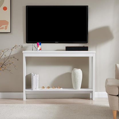 ZGREN Narrow Sofa Table with Outlet and USB Port, Behind Couch Table Skinny Console Table with Charging Station Thin and Long Slim Entryway Table for Living Room, Hallway, Entry Hall, Foyer, White