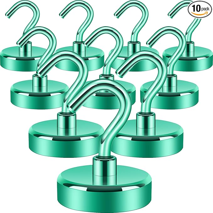 Neosmuk Magnetic Hooks, Heavy Duty 85lb+ Strong Magnet Hook for Cruise Cabins, Cruise Ship Essentials for Hanging, Metal Wall Refrigerator Hangers (Green, 10 Pack)