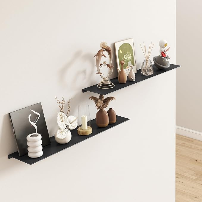 MKO 20" Floating Shelves for Wall, Long Metal Wall Mounted Shelf for Bathroom, Bedroom, Living Room, Kitchen, Display Hanging Shelves for Books/Storage/Room Decor 2 Packs, Black