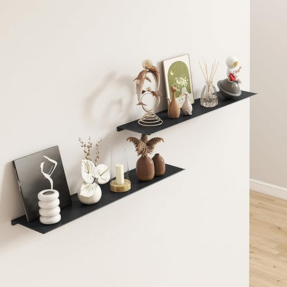 MKO 20" Floating Shelves for Wall, Long Metal Wall Mounted Shelf for Bathroom, Bedroom, Living Room, Kitchen, Display Hanging Shelves for Books/Storage/Room Decor 2 Packs, Black