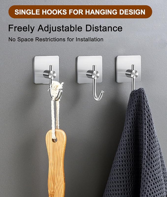Self Adhesive Towel Hooks, Waterproof Rustproof Stainless Steel Sticky Wall Hooks, No Damage for Bathroom Kitchen Shower Robe Coat Hanging, Silver