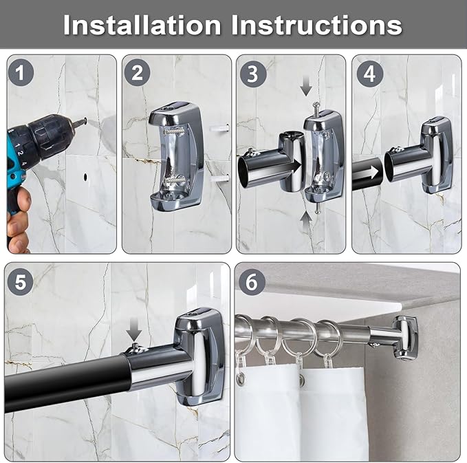 Kokone Shower Curtain Rod Bracket Set of 10 Ajustable 180° Rotation Bracket for Curved Shower Curtain Rods Sturdy Zinc Alloy Wall Mounted Shower Curtain Rod Holder for Bathroom,Wardrobe,Kitchen,Silver