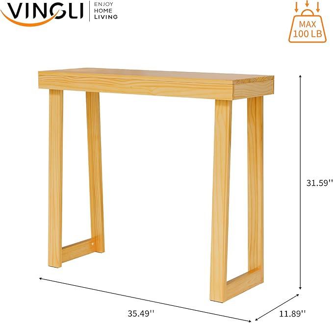 VINGLI 35.4" Entryway Table, Solid Wood Console Table, Narrow Sofa Table Behind Couch, Thin, for Living Room, Entrance, Hallway, Foyer, Bedroom, Office, Natural Wood