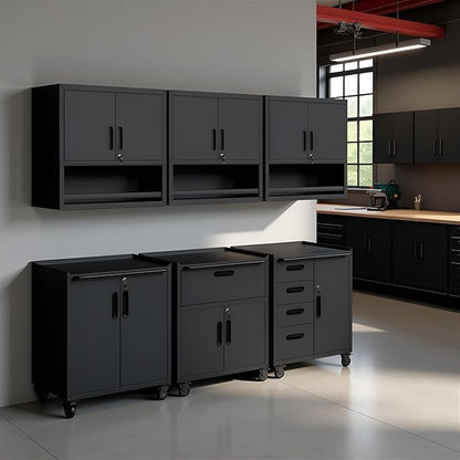 Garage Storage Cabinet System 6pcs Heavy Duty Workshop Set Wall Cabinet Lockable Rolling Tool Cabinets with Adjustable Shelves Metal Garage Storage Cabinets, Black