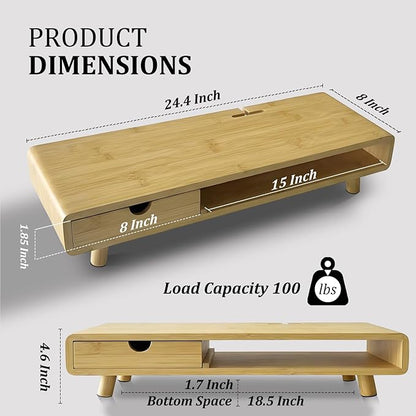 Homerays Monitor Stand with Drawer, Exquisite Computer Monitor Stand for Desk, Ergonomic Wood Monitor Stand Riser for Computer,Laptop,Printer,TV,Upgrade Bamboo