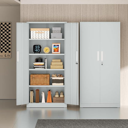Metal Garage Storage Cabinet, 72” Lockable File Cabinets with 2 Doors and 4 Adjustable Shelves, Steel Tool Cabinets with Lock for Office, Home, Garage, Warm Grey