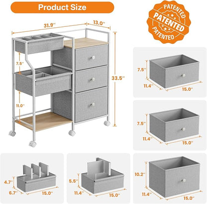 Baby Organizer and Storage - 3 Tier Rolling Cart with Dividers and Drawers, Easy To Assemble, Mobile Utility Cart with Wheels for Nursery, Bedroom, Changing Table & Crib,Light Gray
