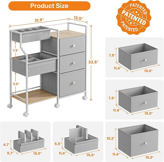 Baby Organizer and Storage - 3 Tier Rolling Cart with Dividers and Drawers, Easy To Assemble, Mobile Utility Cart with Wheels for Nursery, Bedroom, Changing Table & Crib,Light Gray