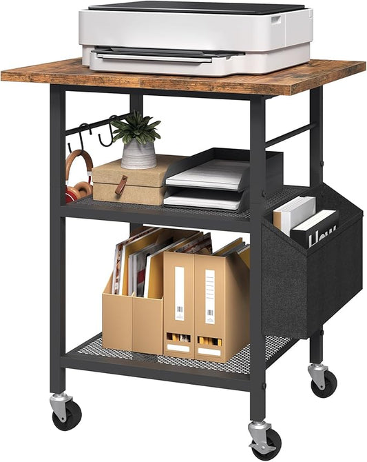 3-Tier Printer Stand, Rolling Printer Table on Wheels, Industrial Storage Stand with Side Pocket, Wooden Tabletop, 2 S-Shaped Hooks, for Home Office, Rustic Brown and Black PTHR2501