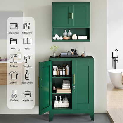 Green Metal Pantry Cabinet (Two Units), Sideboard Buffet Storage Cabient with Doors and 2 Adjustable Shelves, Multifunctional Kitchen Cupboard for Home Office, Accent Furniture, Buffet Table