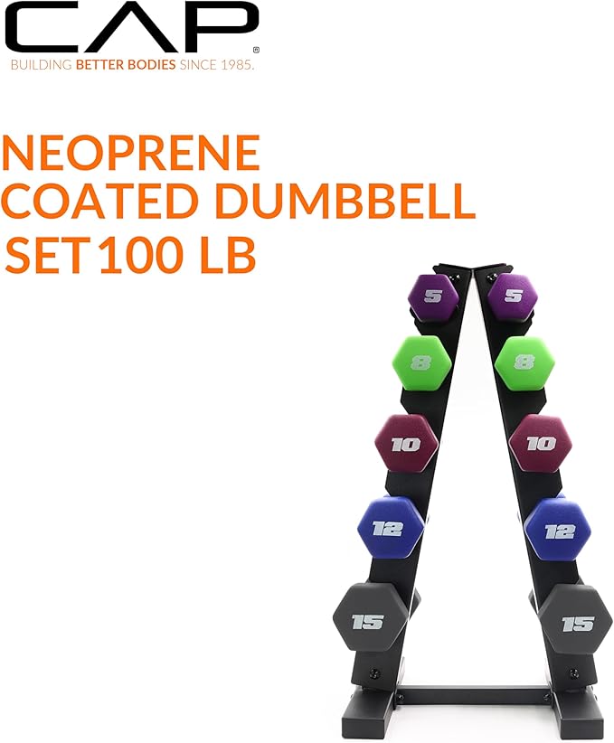 CAP Barbell 100 LB Set of Neoprene Dumbbells with Rack Color Series | 5, 8, 10, 12 and 15 LB pairs