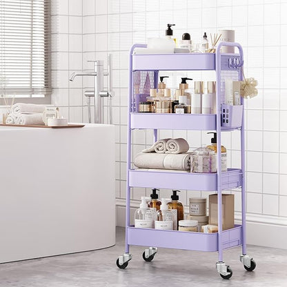TOOLF 4 Tier Rolling Cart with Pegboard, Metal Storage Organizer Cart with Wheels, Hooks & Bins Esthetician Craft Art Sturdy Storage for Bathroom, Kitchen, Office, Nursery Diaper