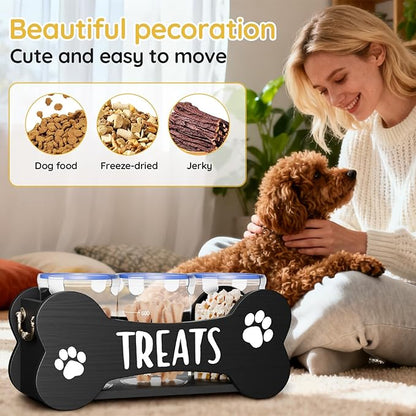 WGFKVAS Dog Treat Storage Containers, 3 Jar Countertop Organizer with Airtight Lids, Black Wooden Pet Food Dispenser for Dogs & Puppies, Perfect Food Storage Solution and Gift for Dog Owners