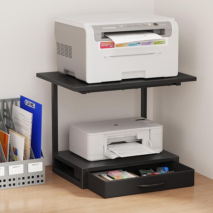 YAOHUOO 2-Tier Desktop Printer Stand with Fabric Drawer, Prtiner Table with Storage Shelf, Desk Organizer for Home Office,3D Printer,Fax Machine,Scanner, 19.6"x14.9" Black