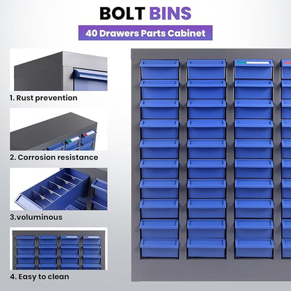Heavy-Duty 40 Drawer Parts Cabinet, All-in-One Organizer with Acrylic Adjustable Shelves for Nuts, Bolts, Tools - The Ultimate Garage Workshop Storage Solution