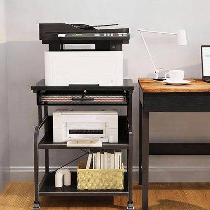 TFK 3-Tier Printer Stand with Drawer, Adjustable Shelf, Rolling Casters, 23.6 x 18.9 x 30 Inch Heavy Duty Printer Cart for Home Office, Large Printers, 3D Printers, Fax & Heat Press, Black