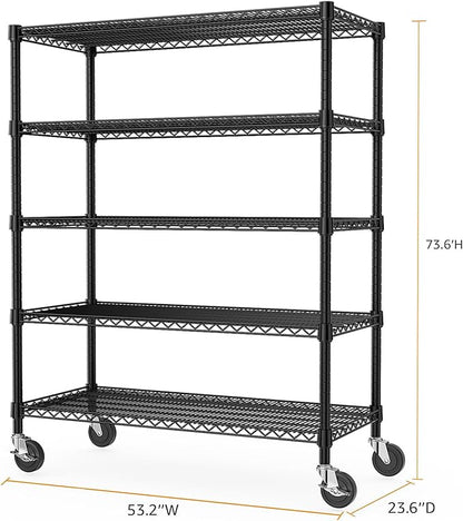 53" W Garage Shelving 5 Tier Industrial 2200LBS Metal Shelving Units for Commercial, Basement, Pantry, Warehouse, School, Black Heavy Duty Easy Assembly 53.2" W x 23.6" D x 73.6" H