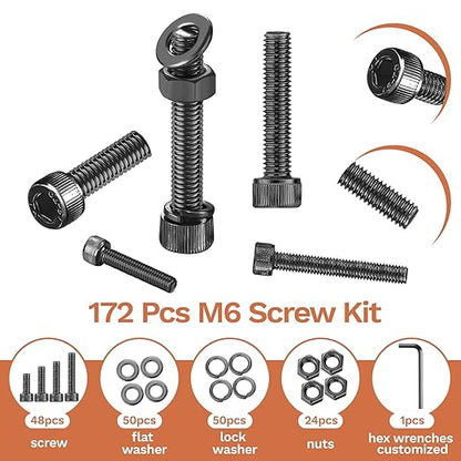 172 Pcs M6 Screws Assortment Kit, M6x 8/10/12/16/20/25/30/35mm M6 Bolts Kit 12.9 Alloy Steel Nuts and Bolts Assortment Kit Black Zinc Plated Hex Socket Head Screws Nuts Bolts and Washers Set