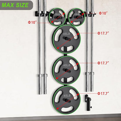Wall Mounted Weight Plate Rack, Heavy Duty Olympic Barbell Holder & T Bar Row Landmine Attachment, 5 Pegs & 4 Barbell Storage, Space-Saving Home Gym Organizer