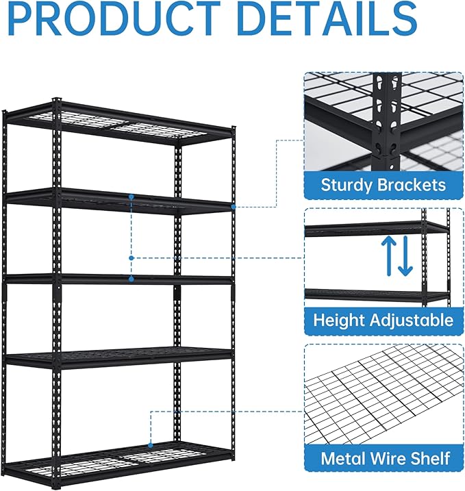 Heavy Duty Storage Shelves 48x18x72 in, 2500Lbs Adjustable Metal Shelving for Garage Organization, Durable Garage Shelving Easy Assemble