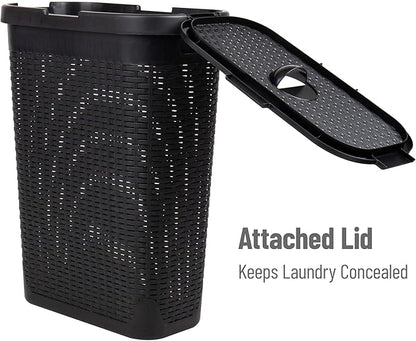 Mind Reader Slim Laundry Hamper with Lid, 40L Clothes Basket, Premium Wicker Design, Plastic, Set of 2, Black