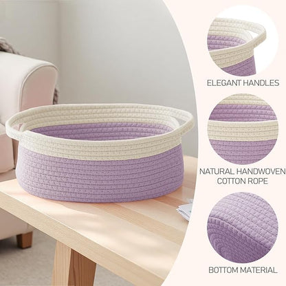 Woven Basket,Small Rope Storage Bin with Handles & Ribbon Bag, Organizer for Shelves Closets,Gift Basket Empty for Birthday,Books,Dog Toys, White&Purple/2 Pack