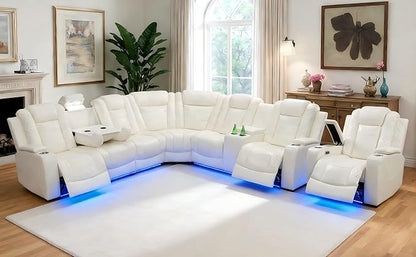 Power Recliner Sectional Sofa Set, Reclining Sectional Sofa with LED, Creamy White Power Recliner Couch Set and Chair, Sturdy Footrest Recliner Chair, Breathable Leather with Read Light