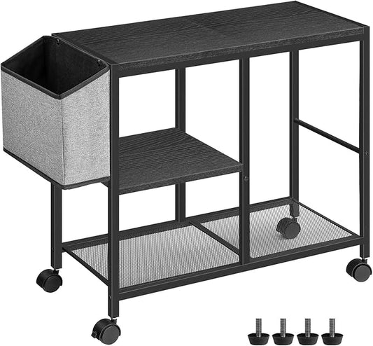 Printer Stand with Storage Bag, 3-Tier Mobile Under Desk Printer Cart with Wheels, Wooden Rolling Printer Table, Organizer Shelf for Study, Office, Living Room, Black PTHB2201