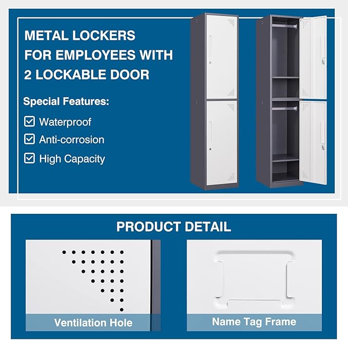 Metal Storage Cabinet, 71" Tall Storage Locker for Employees, Steel Cabinet with Lock and Keys for School, Gym, Home, Office Staff (2 Doors - Grey White)