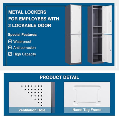Metal Storage Cabinet, 71" Tall Storage Locker for Employees, Steel Cabinet with Lock and Keys for School, Gym, Home, Office Staff (2 Doors - Grey White)