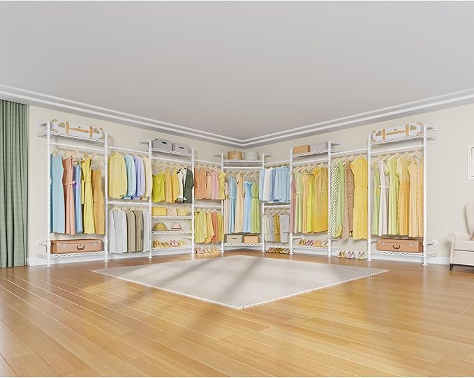 Timate U4 U Shape Garment Rack Heavy Duty for Hanging Clothes, Expandable Industrial Pipe Clothing Rack Wall Mount, Extra Large Walk in Closet System With White Kit