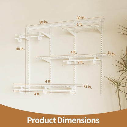 4-6 Ft Closet Organizer System, Adjustable Metal Wire White Closet System, Expandable Walk in Closet Organizers and Storage System, Closet Shelves with Hanging Rods